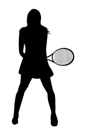 Silhouette of a female tennis player with racket over a white backgroundのイラスト素材