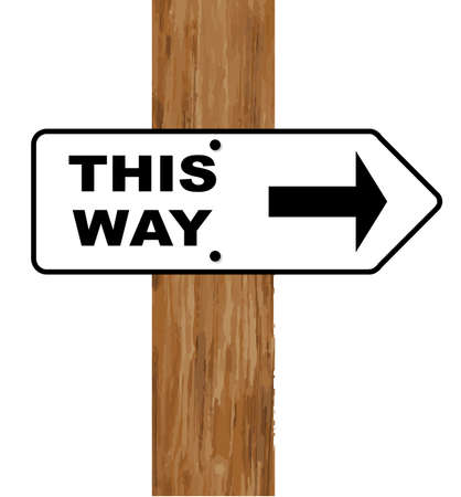 A white and black this arrow fixed to a wooden pole over a white backgroundのイラスト素材