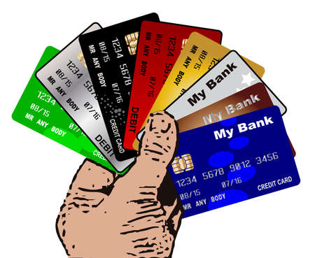 A hand holding a collection of credit and debit cards over a white backgroundのイラスト素材