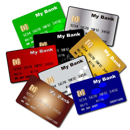 A collection of credit and debit cards over a white backgroundのイラスト素材