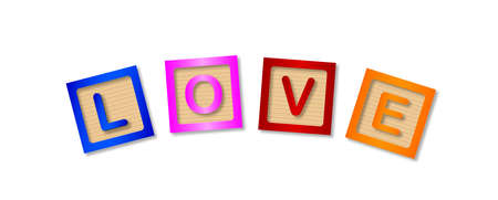 The word love made up from wooden blocks over a white backgroundのイラスト素材