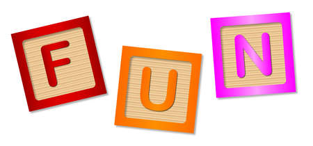 The word fun made up from wooden blocks over a white backgroundのイラスト素材
