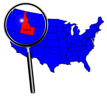 Idaho state outline set into a map of The United States of America under a magnifying glassのイラスト素材