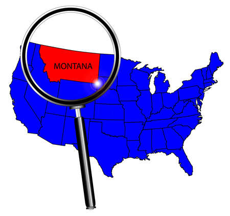 Montana state outline set into a map of The United States of America below a magnifying glassのイラスト素材