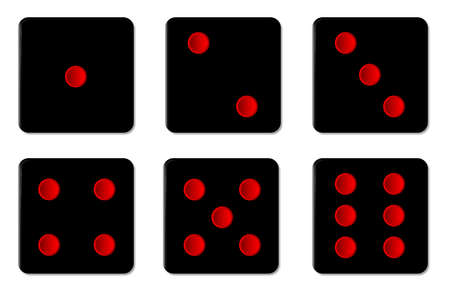 The six faces of black dice with red spots over a white backgroundのイラスト素材