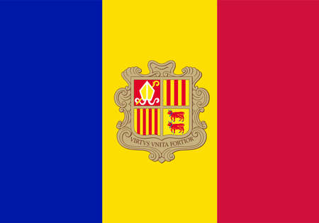 The flag of Andorra with coat of arms in red blue and yellowのイラスト素材