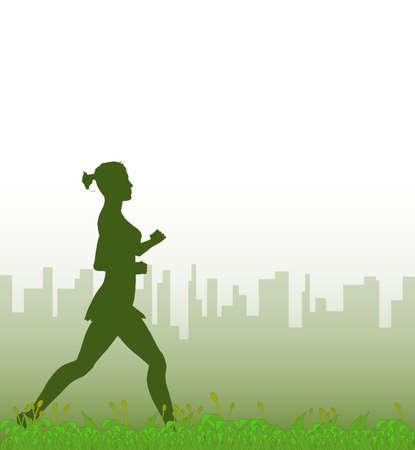 A grass footer overlooked by a misty morning cityscape with a joggerのイラスト素材