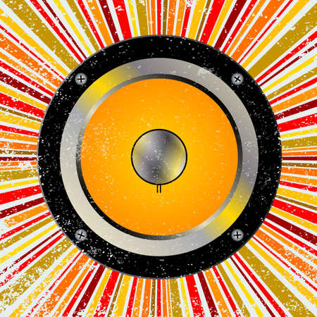 Abstract and retro grunge backround design element in reds and oranges aith a musical speaker set inのイラスト素材