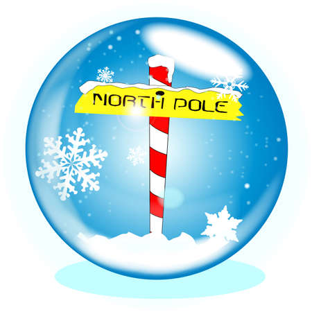A crystal ball over a winter scene background with a North Pole signのイラスト素材