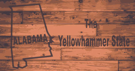 Alabama state map brand on wooden boards with map outline and state nicknameのイラスト素材
