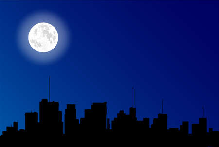 City outline in black under a full moon and dark blue skyのイラスト素材