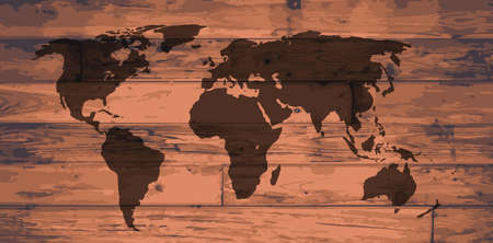 World Atlas outline map brand on wooden boardのイラスト素材