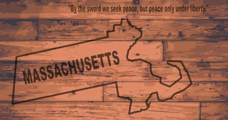 Massachusetts state map brand on wooden boards with map outline and state mottoのイラスト素材