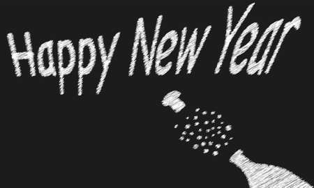 A worn out old blackboard with a happy new year message and a bursting bottle of bubblyのイラスト素材