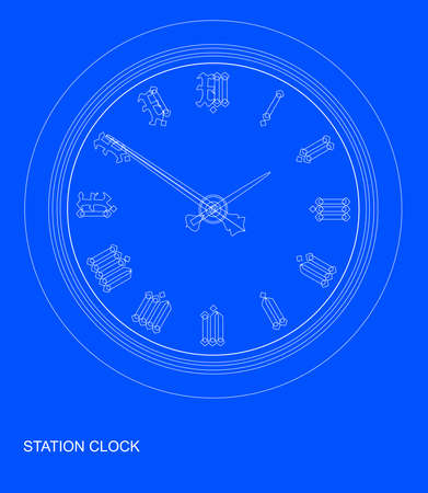 A traditional railway station hanging clock as a blueprintのイラスト素材