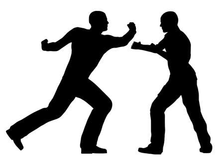 Two fighters in silhouette over a white background