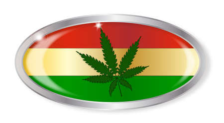Oval silver button with the Rastafarian flag and hemp leaf isolated on a white backgroundのイラスト素材