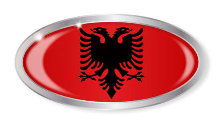 Oval silver button with the Albanian flag isolated on a white backgroundのイラスト素材