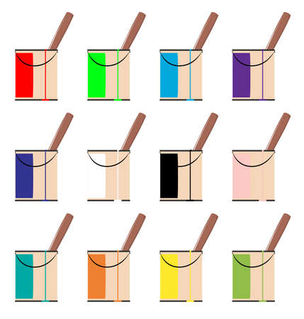 Collection of various coloured paint tins with a run and drip mark down the side of the tin.のイラスト素材