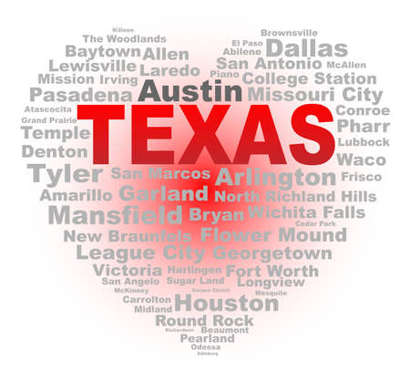 A cartoon heart shape with the text TEXAS and the names of the major texas cities over a white backgroundのイラスト素材