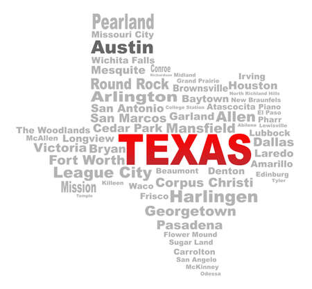 A Texas map shape with the text TEXAS and the names of the major texas cities over a white backgroundのイラスト素材