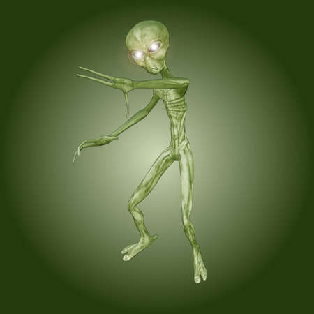 A depiction of a green alien monster with bright glowing eyesの写真素材