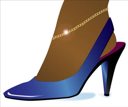 A ladies blue high heel shoe with an ankle bracelet in goldのイラスト素材