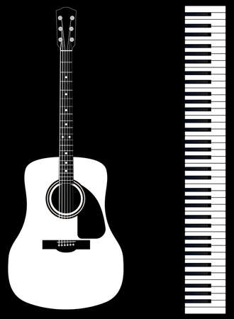 Black and white piano keys and a white acoustic guitar set against a black backgroundのイラスト素材