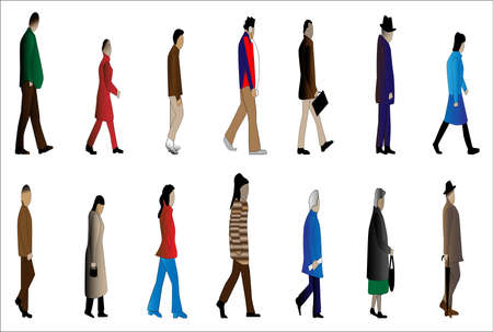 A collection of small cartoon style figures walkingのイラスト素材