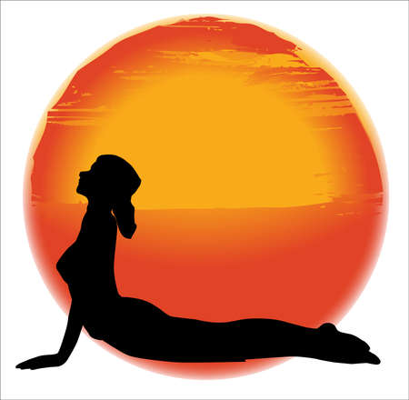 large hazy sun set over a white background with a woman practicing the Bhujangasana poseのイラスト素材