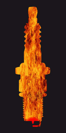 A spark plug in silhouette with flames over a black background