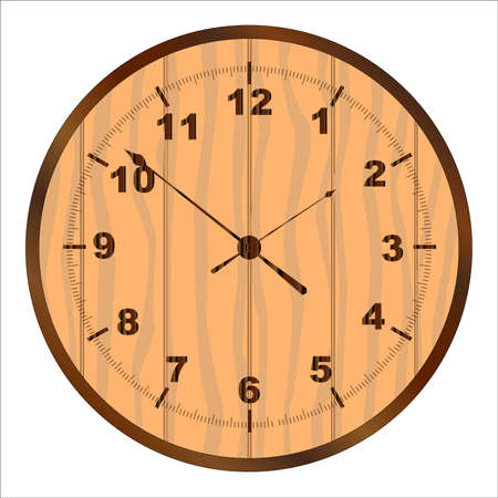 A wooden clock face over a white background