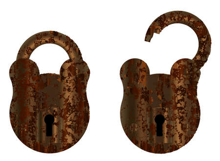 An old suted up padlock in open and close positions over a white backgroundのイラスト素材