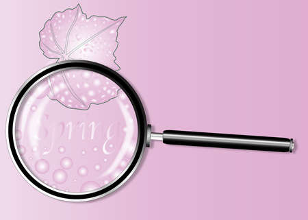 A depiction of spring in ping with a leaf and floating abstract seads unde a magnifying glassのイラスト素材