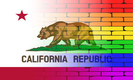 A well worn wall painted in a gay rainbow with Californian flagのイラスト素材
