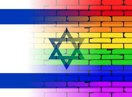 A well worn wall painted in a gay rainbow with the Israeli flagのイラスト素材