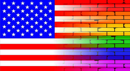 A well worn wall painted in a gay rainbow with the American flagのイラスト素材