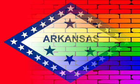 A well worn wall painted with a LGBT rainbow with the Arkansas state flagのイラスト素材