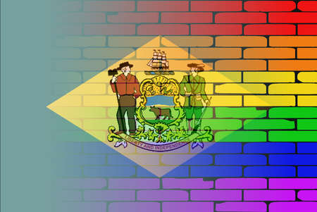 A well worn wall painted with a LGBT rainbow with the Delaware state flagのイラスト素材