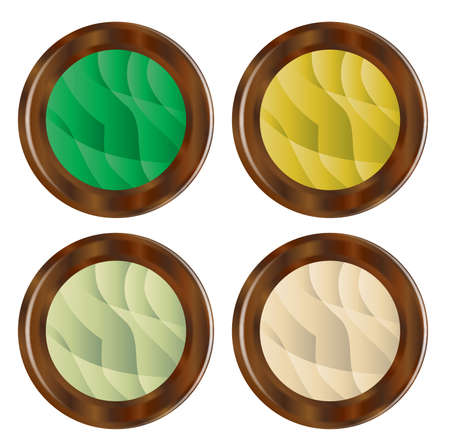 A selection of 4 wooden buttons with foliage style insetsのイラスト素材