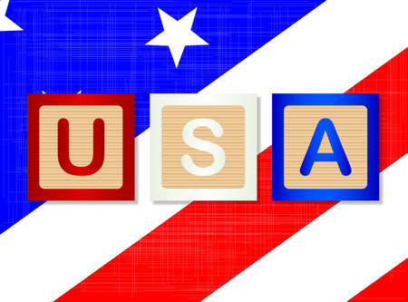 A collection of wooden block letters spelling USA over a Stars and Stripes backgroundのイラスト素材