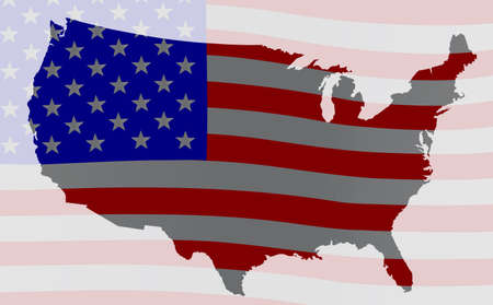 An outline silhouette map of The United States of America over a  Stars and Stripes flagのイラスト素材