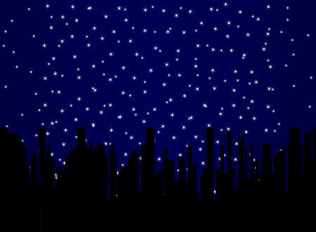 A random spread star field over a black cityscape backgroundのイラスト素材