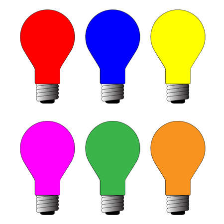 A collection of six coloured lightbulbs over a white backgroundのイラスト素材