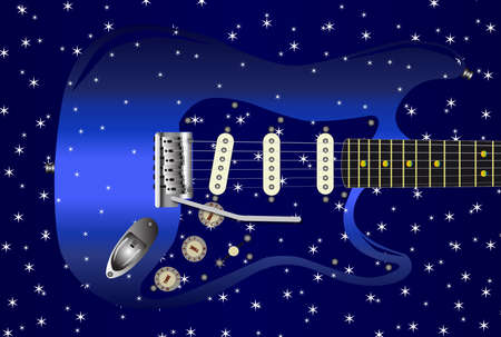 A blue star studded background with a series of small stars over a blue guitar.のイラスト素材