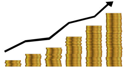 A stack of coins and an arrow pointing upwards over a white backgroundのイラスト素材