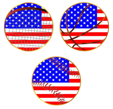 A stars and stripes with sport icons baseball basketball and racket on a white backgroundのイラスト素材