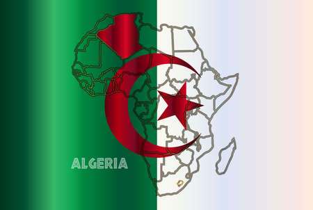 Algeria outline inset into a map of Africa over a Algeria flag backgroundのイラスト素材