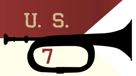 Bugle silhouette of the type used by the 7th cavalry over the 7th cavalry ensign