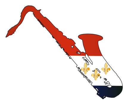Flag of the USA city of New Orleans set under a saxophone outline silhouetteのイラスト素材